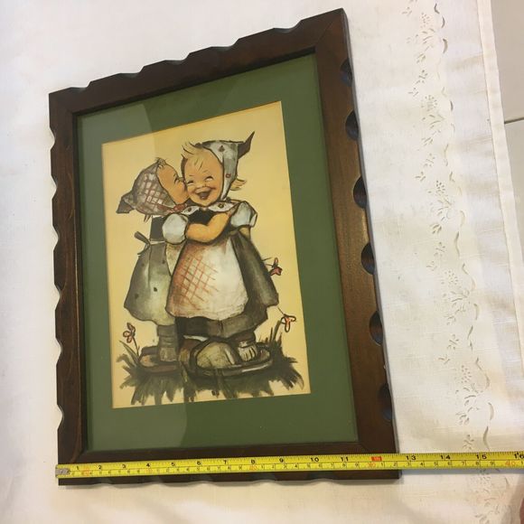 B Hummel Print Telling Her Secret Two Girls Ars Sacra Green Matte & Wood Framed - Picture 8 of 8